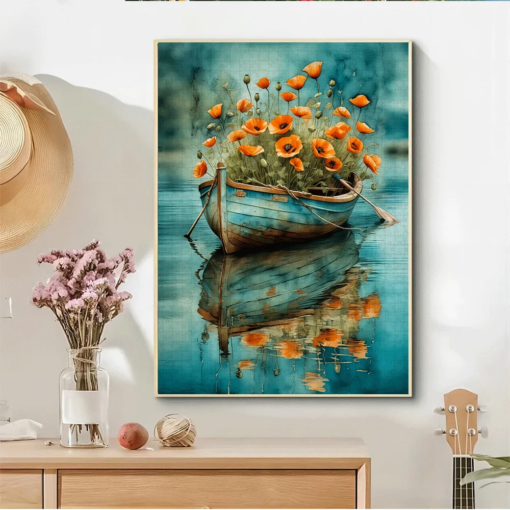 1000 stuks puzzel voor volwassenen - Serene landschap met boot en levendige oranje klaproos, grote papieren puzzel voor familiespel Nigh