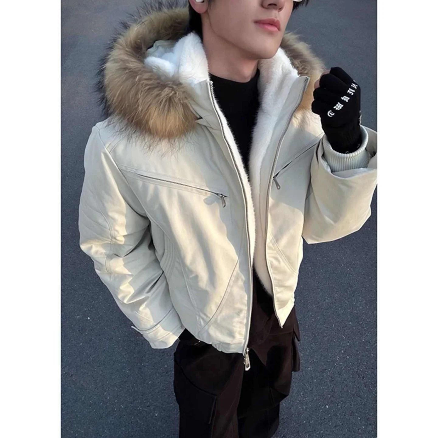 

White Detachable Fur Collar Men's Cotton Jaet Winter Warm Fce Lined Sle Tee-Proof Workwear Jaet