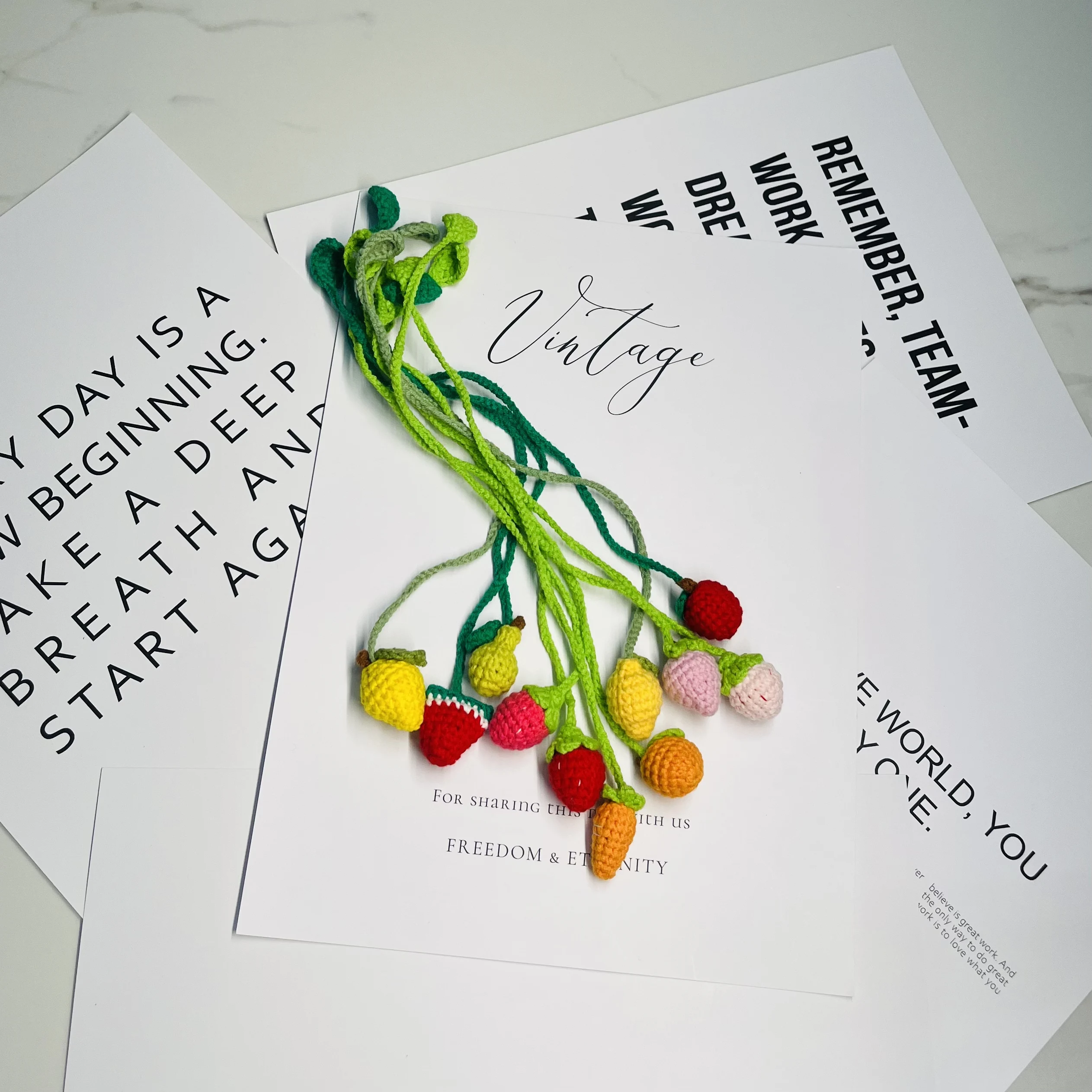 Handmade Fruit Knitted Pendant Bookmark Strawberry Lemon Keychain Knitted Bookmark Women Handbag Pendant Office School Supplies
