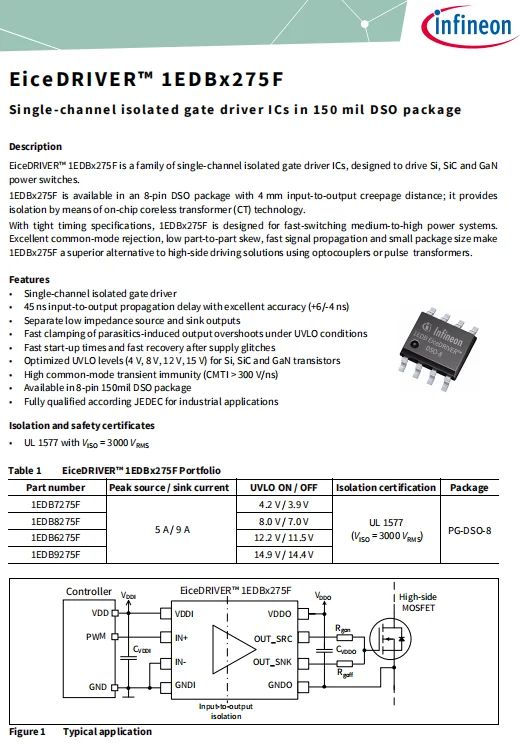 1EDB7275FXUMA1 Single-channel isolated gate driver ICs in 150 mil DSO package electronics online STOCK