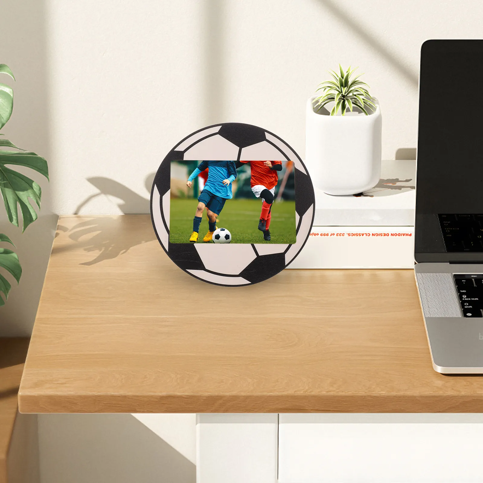 2Pcs Wood Soccer Ball Shape Picture Frame 4x6 Inch Tabletop Wall Mounted Soccer Team Photo Frame Football Sports Display