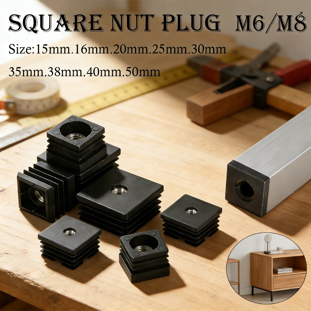 4pcs Furniture Leg Caps & Pipe Plugs , M6 M8 Black Square Plastic Caps for Leveling & Dustproof Sealing, Easy Push Fit