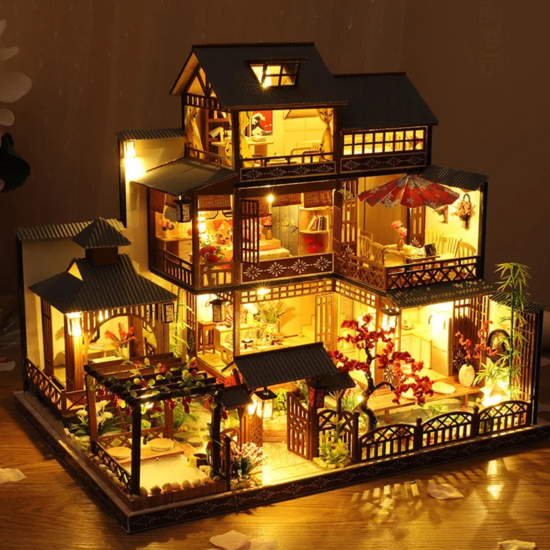 Miniature Items Dollhouse Large Villa Three Floors Wooden Craft Assembled Building Model with Furniture DIY Casa Doll Houses Toy