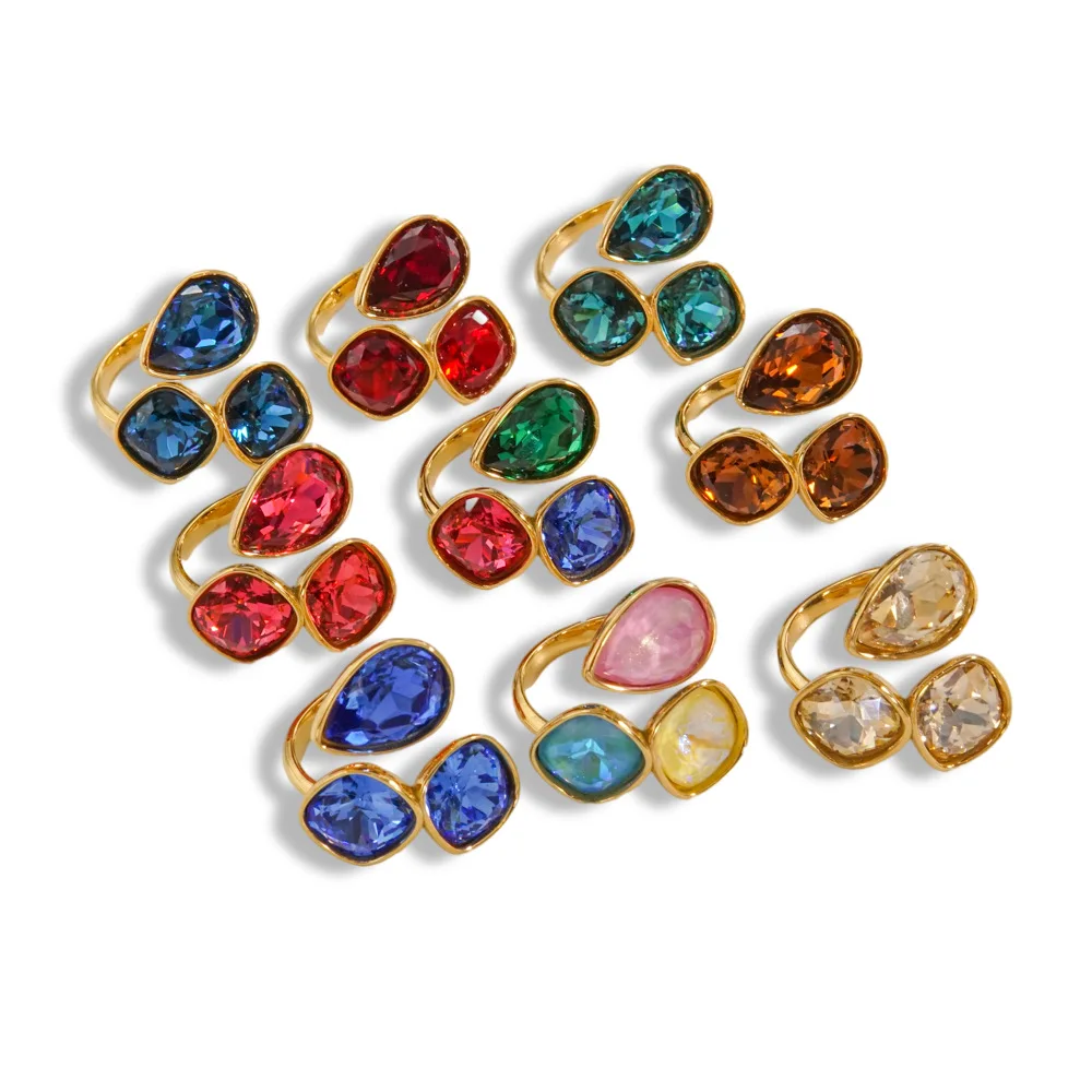Simple Fashion Jewelry Open Rings 18K Gold Plated Stainless Steel Multi-Color Crystal Ring For Women Jewelry