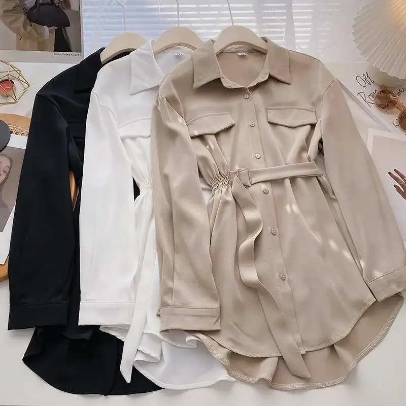 Elegant Long Sleeve Shirt Women's Slim Fit Midi Design Korean Style Belted Top for Winter Fashion Casual Businesswear