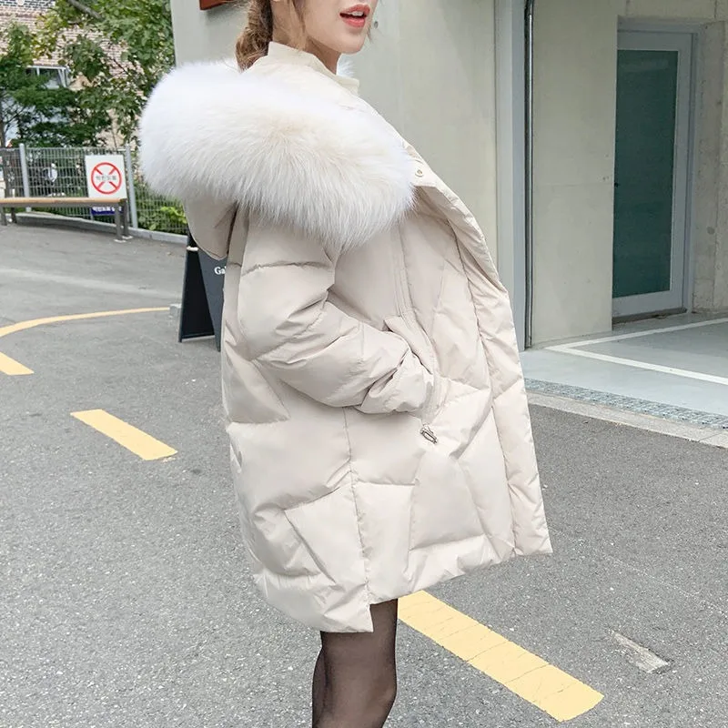 2023 New Women Down Cotton Coat Winter Jacket Female Mid Length Version Parkas Thick Warm Outwear Fur Collar Hooded Overcoat