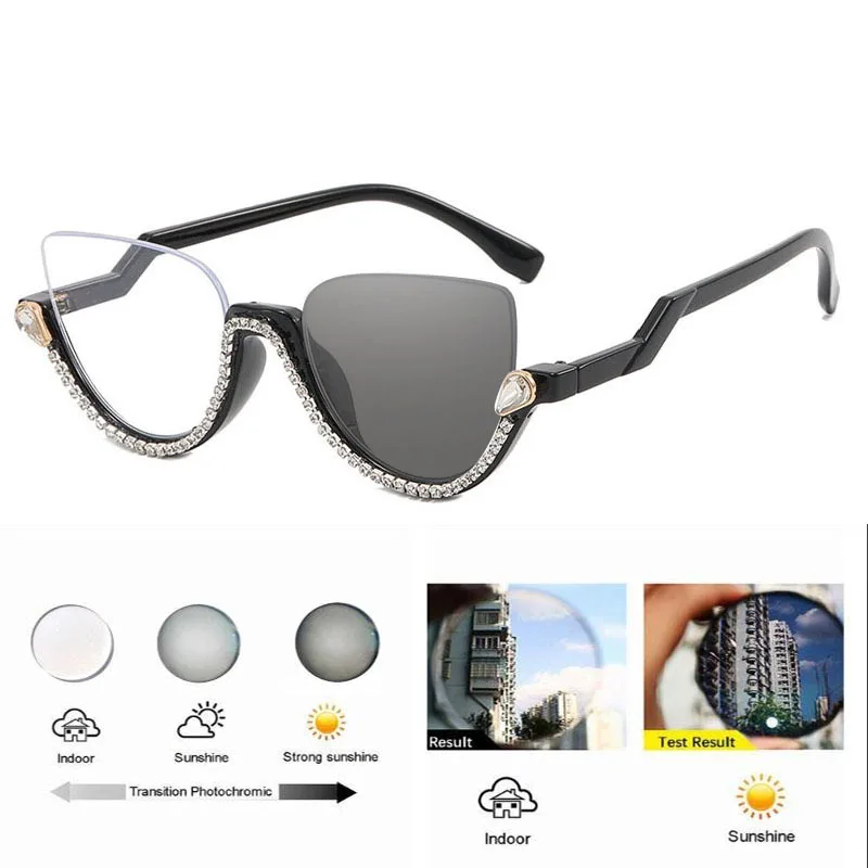 Strass Cat Eye Photochrome Myopie Gläser Frauen Fertig Brillen Weibliche Outdoor Verfärben Fahren Brillen – Detail 4