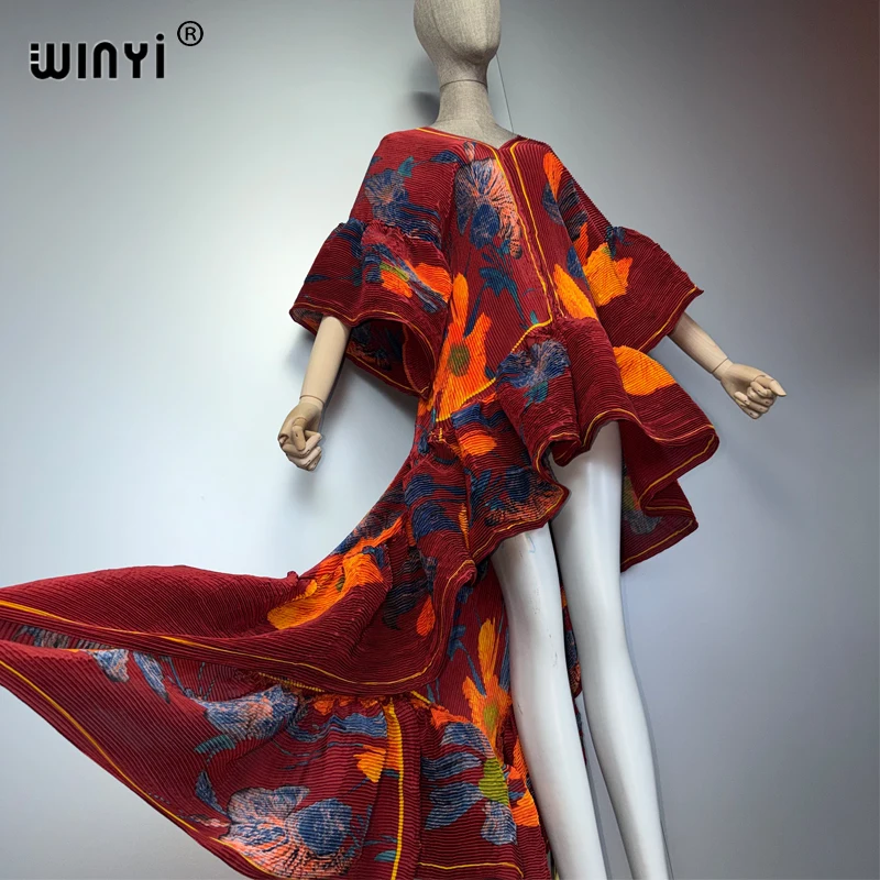 WINYI Boho Maxi Kaftan Dress Middle East Style Elegant Pleated Beach Cover up Elastic Luxury Party Evening Dubai Abaya