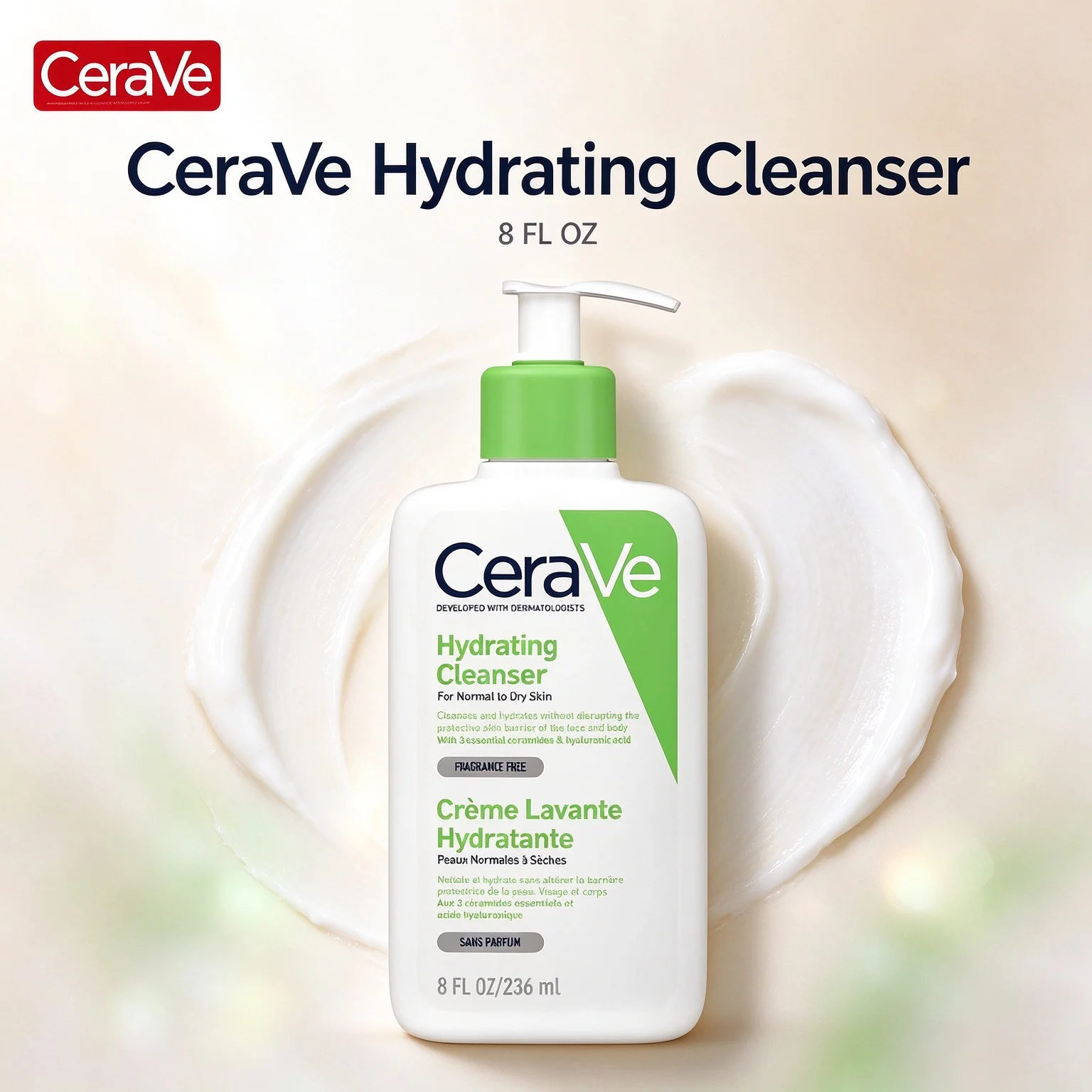 CeraVe Hydrating Cleanser For Normal to Dry Skin, Fragrance Free Crème Lavante Hydratante 8 FL OZ (236ml)