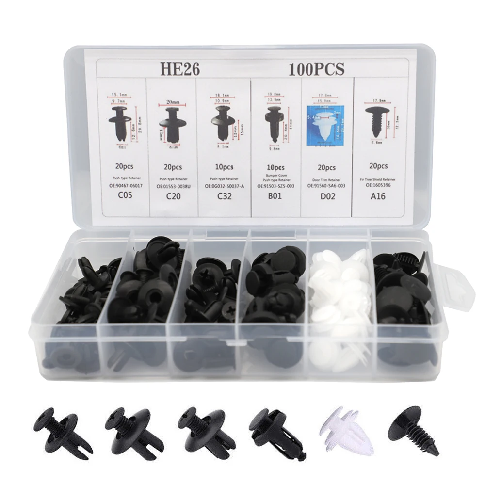 100 piezas de 6 tamaños mixtos, clips de sujeción para parachoques de coche, remaches de empuje para carrocería, retenedores de paneles de puerta, kit de sujeción universal