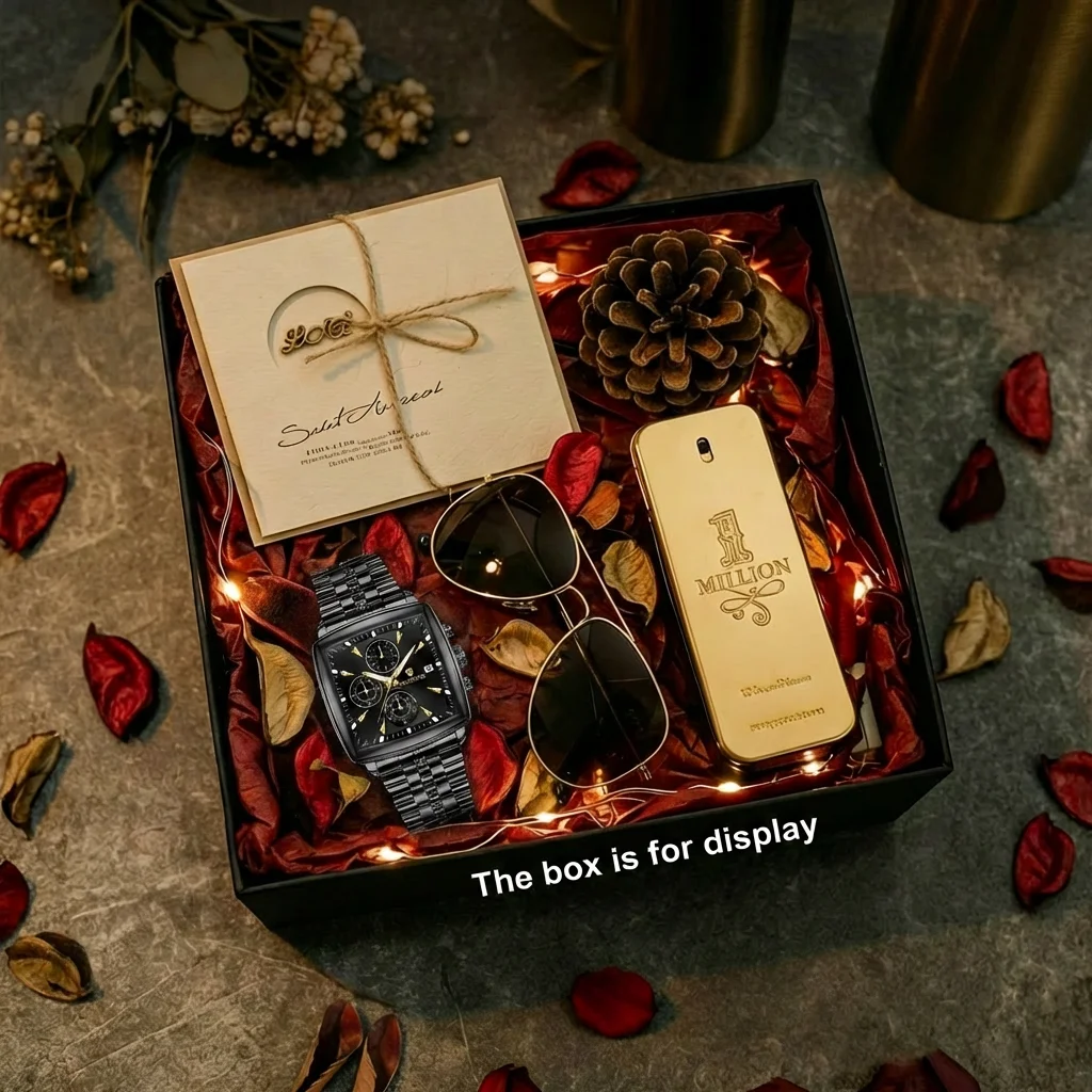 4pcs Men's Black with Gold Accents Metal Fashion Luxury Chronograph Mechanical Watch Gift Box Set for Daily Wear & Business