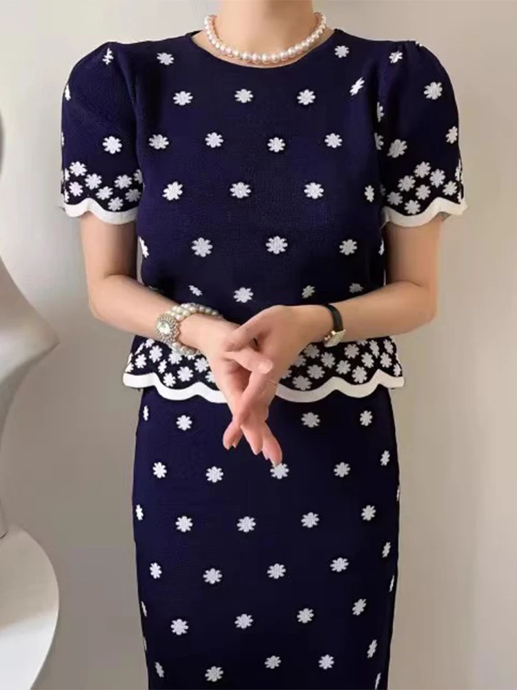 

Liangliang Home Flower Wave ort Sve Knitwear High Waist Bodycon Skirt Set Summer New Sle Vintage Anti-aging