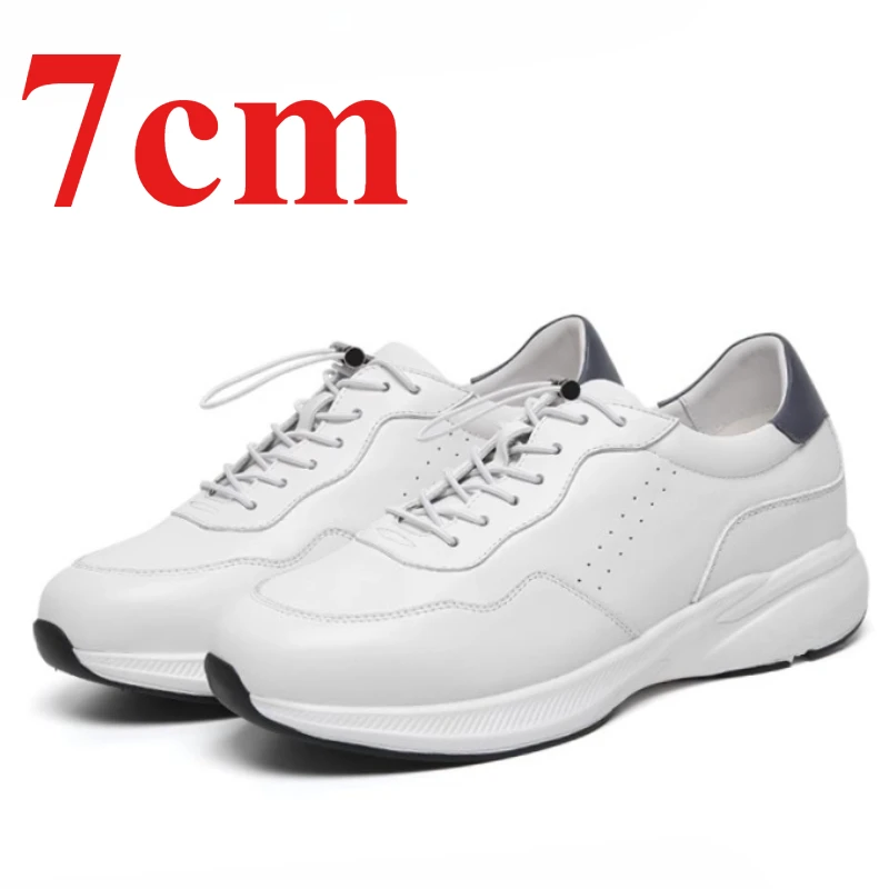 Men's Lightweight Comfortable Sports Shoes Invisible Height Increased 7cm Elevator Shoes Genuine Leather White Casual Dad Shoes