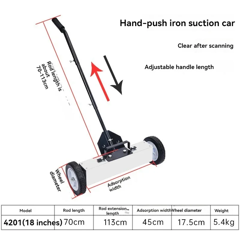 Push-type magnetic sweeper for collecting iron filings and metal chips—powerful magnetic pickup tool for workshop cleanup.
