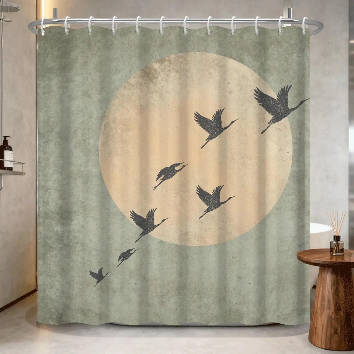

Zen Crane Shower Curtain with Hooks - Flying Birds and Full Moon Print Waterproof Fabric Bath Curtain for Japanese or Modern