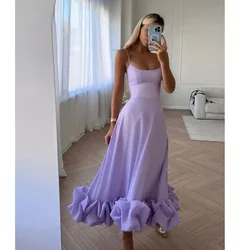 Spaghetti Strap Purple Stain caviglia lunghezza Ruffles Hem abito da ballo senza maniche per le donne 2024 Vestidos De laurea Formales 2024