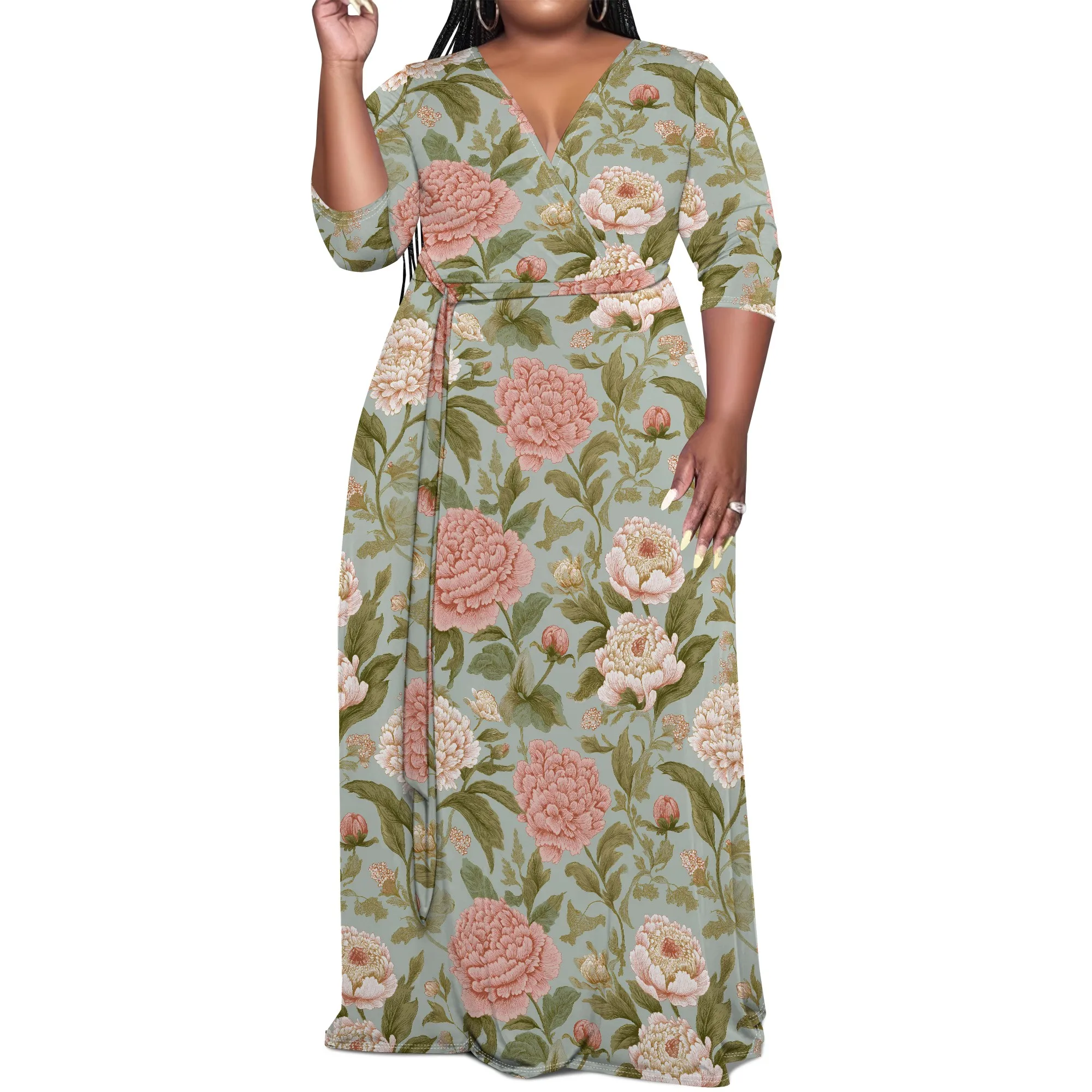 Vestido maxi plus size com estampa de rosa amarela elegante verão estilo boho roupa de festa