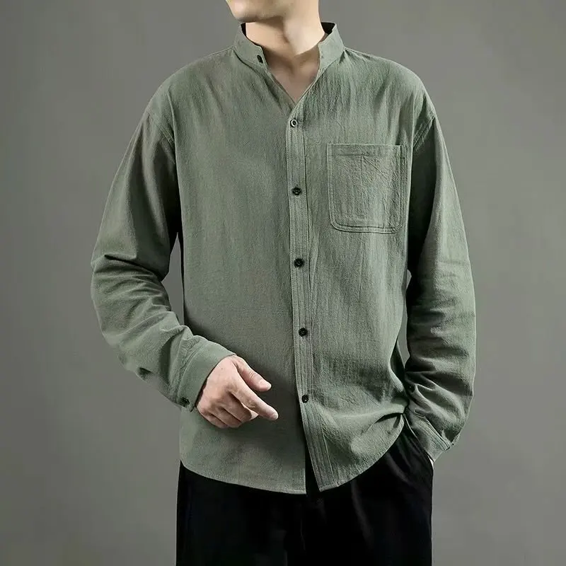 Loose Fit Linen Cotton Blend Long Sleeve Shirt Men's Spring Summer Thin Style Seven-Quarter Sleeve Shirt Jacket for Youth