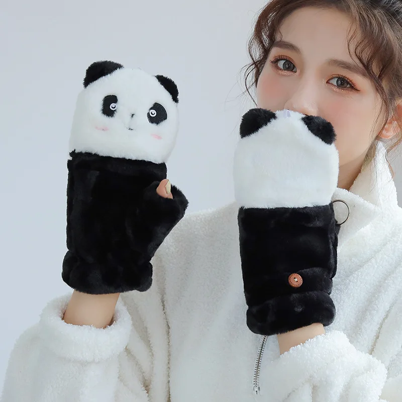 

Women Cartoon Panda Cute Lovely Soft Plus Velvet Thicken Half Finger Clamshell Gloves Keyboard Work Convenient Keep Warm Mittens