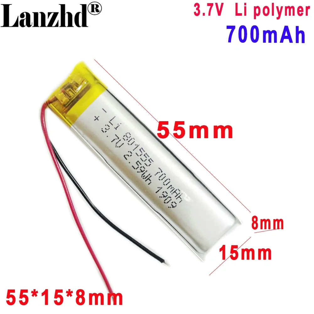 3.7V Polymer battery with protection For Smart LED wardrobe light Smart watch Bluetooth charging bay 801555 701555 700mah