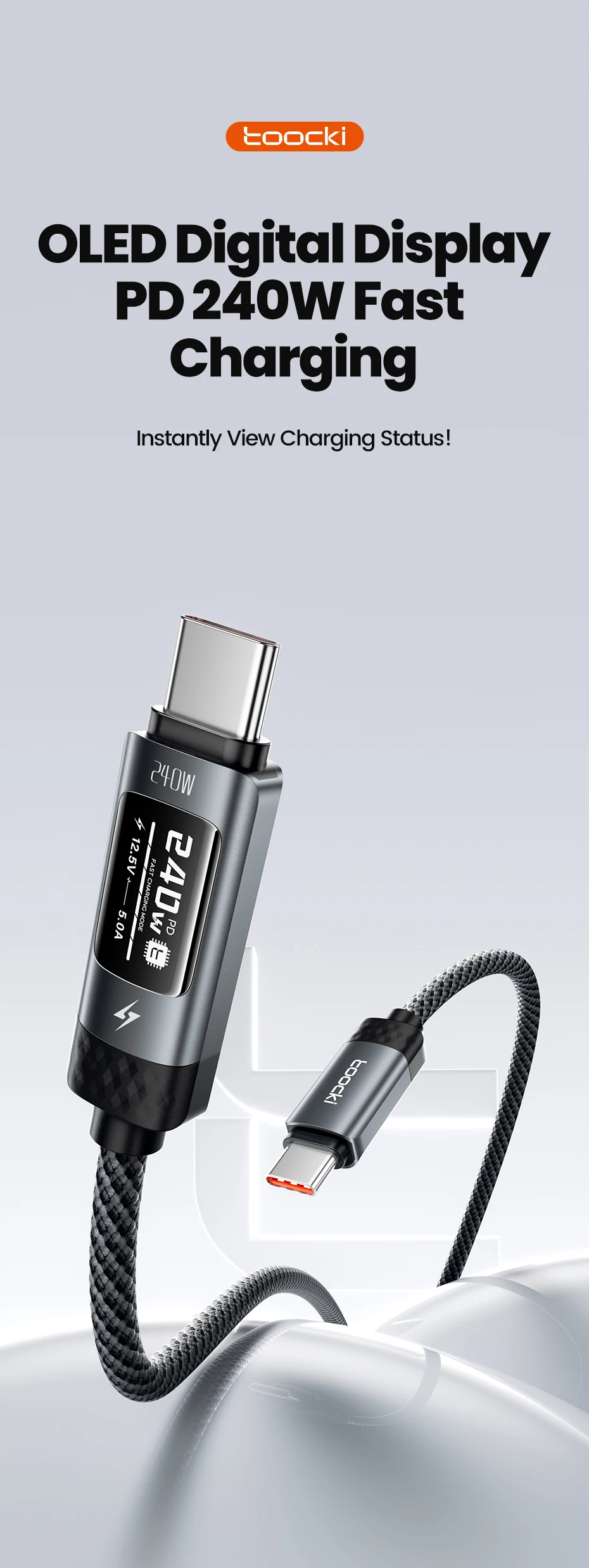 Toocki 240W USB C Cbale Fast Charging OLED Digital Display PD 3.1 Type C To USB C Data Cord For Macbook iphone 18 17 Samsung S25