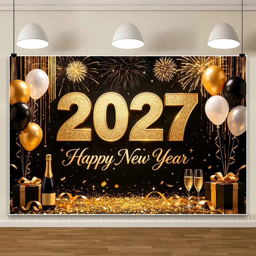 Yeele 2027 Happy New Year Backdrop Golden Flash Balloons Bells Wineglass Gift Kids Family Christmas Party Decor Photo Background