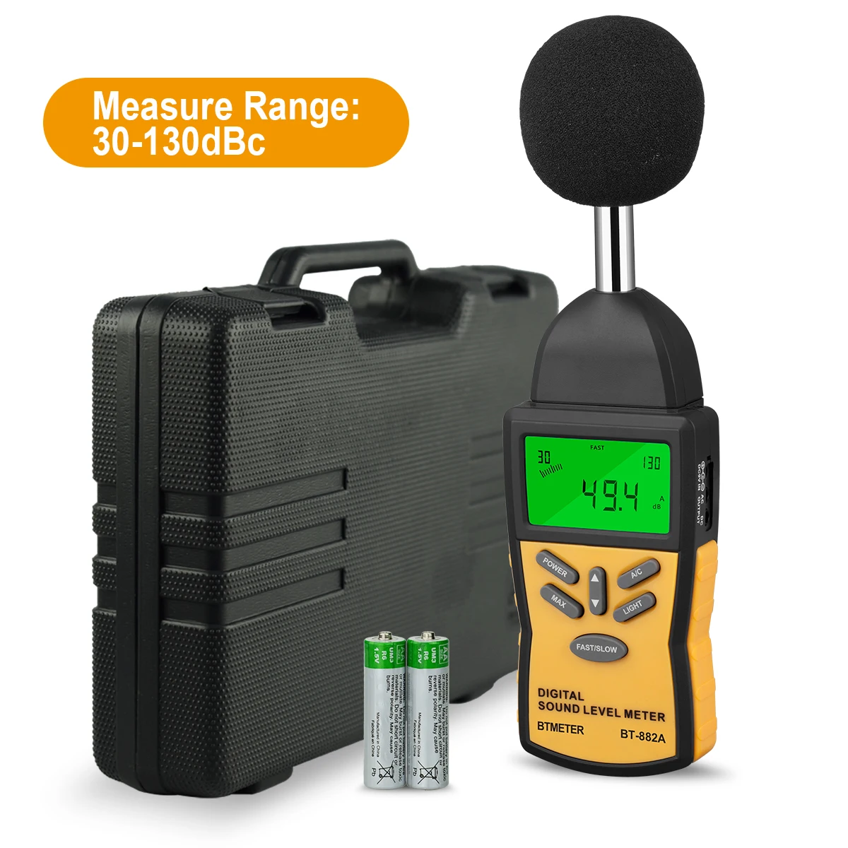 

Portable 882A Digital Sound Level Meter,30-130dB Noise Tester with A&C Wt Fast Slow Max Hold,AC/DC Out for HVAC Factory