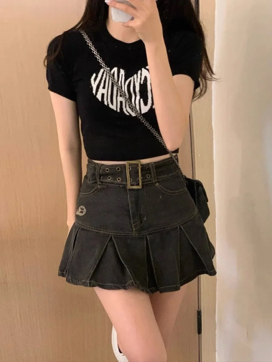 하이웨이스트 A라인 스커트 레트로 데님 플리츠 힙커버 롱 스커트 여성 여름 플러스 사이즈 디자인 센세이션 스파이시 걸