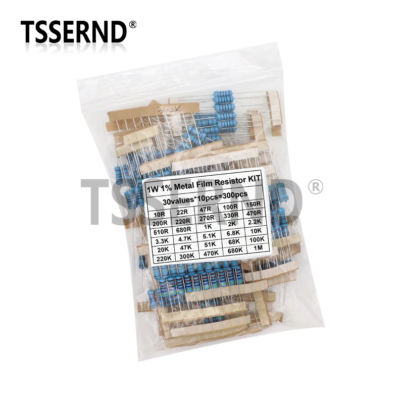 300PCS 1/4W 1/2W 1W 1% Metal Film Resistor Assortment Kit 10R -1M Ohm Resistance Set