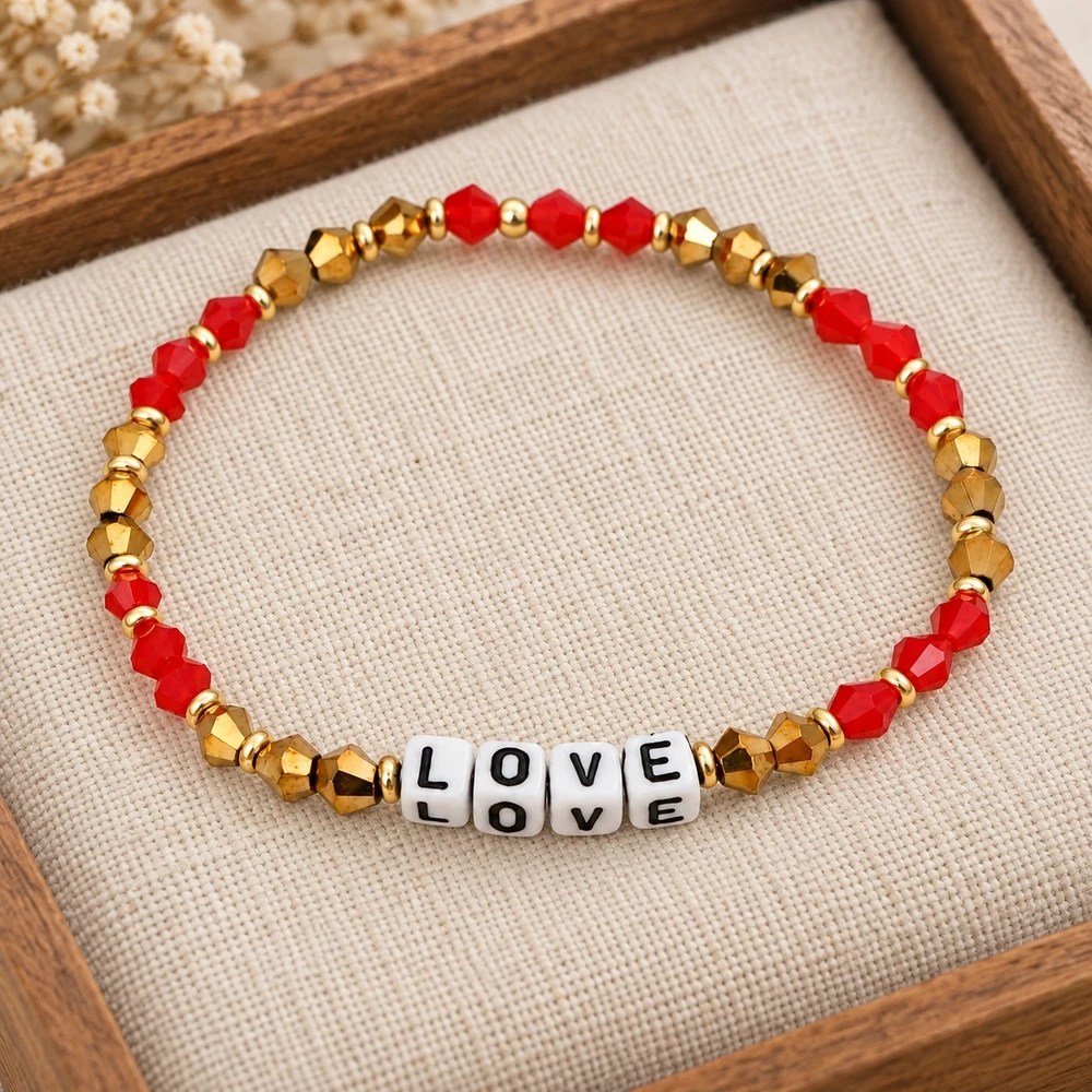 1pc Red and Golden Alternating Faceted Beaded Bracelet with White LOVE Letter Beads Cute Romantic Bracelet for Women