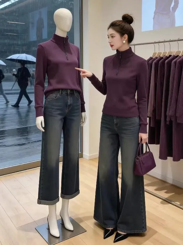 

Весенняя модная фиолетовая толстовка для женщин больших размеров, утягивающий топ на молнии с воротником-стойкой, удобный свободный крой, длинный рукав