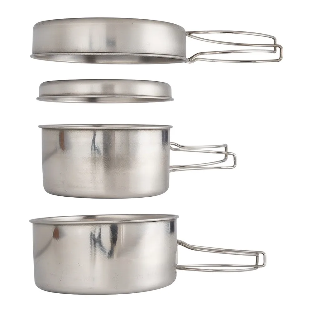 4-Piece Stainless Steel Camping Cookware Set for 2-3 People Compact Nesting Design 14.4x6.3cm Pot 12.5x6cm Pot 15x2.9cm Pan