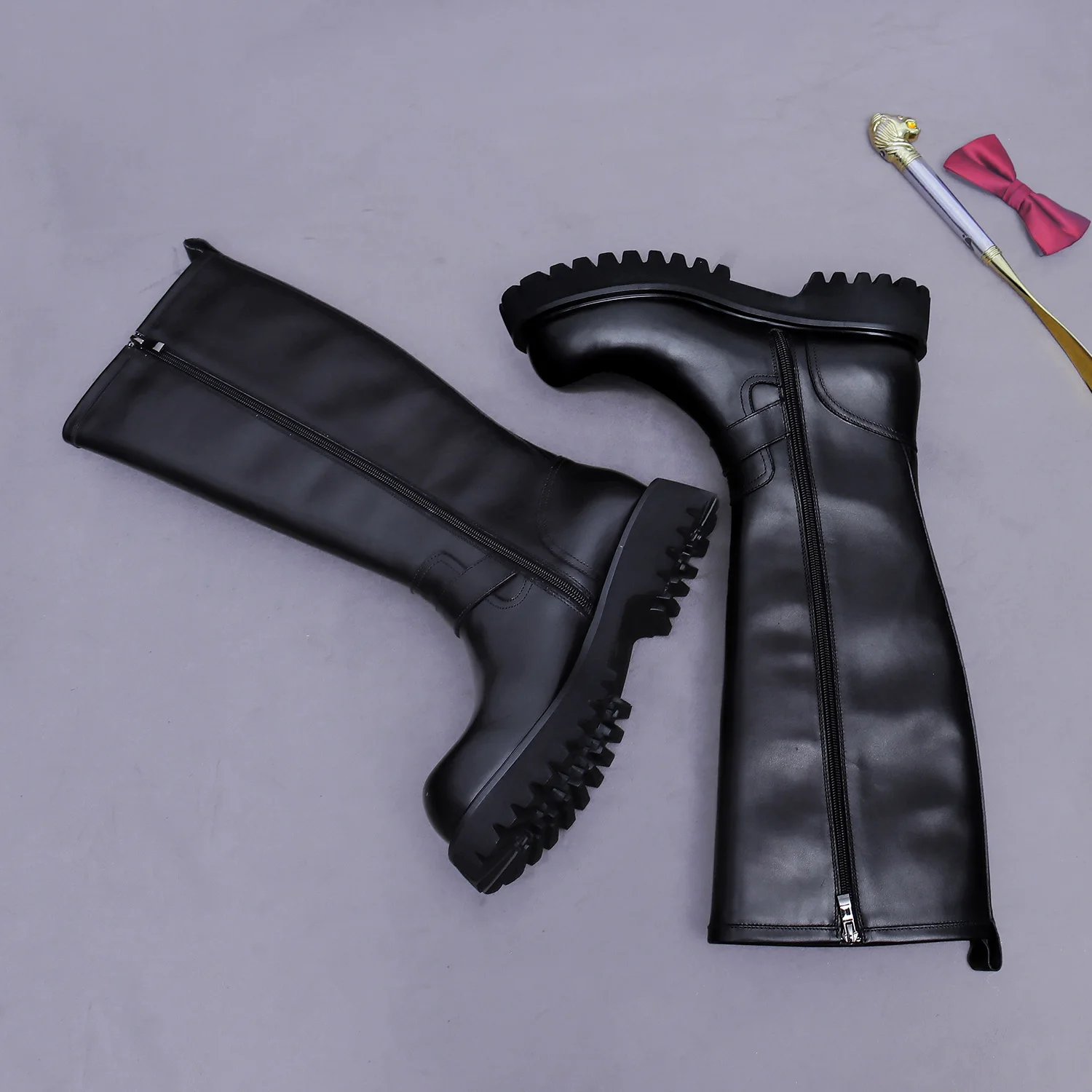 Genuine Leather Thick Sole Jackboot Long Boots with Buckle High Height Zipper Cowhide Knight Style Heeled Shoes for men