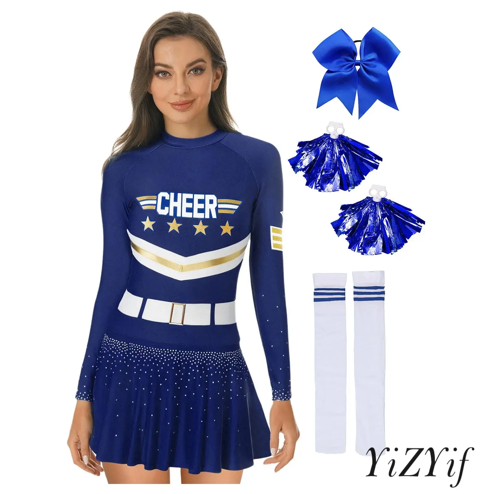 

‌Women Halloween Dance Dress Set Long Sleeve Rhinestones with Hand Flowers Bowknot Hair Ties And Tube Socks for Festive Activity