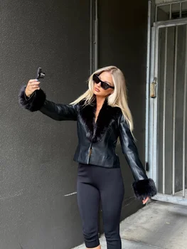 Black Faux‑leather Jacket With Faux‑fur Collar Cuffs Single Button Long Sleeve Women Vintage Winter Evening Party Club Outerwear 1