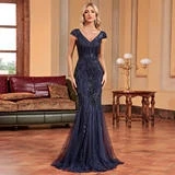 Novo Sle Slim Fit Fi Tail Bead Dr Long Maids of Banquet Vestido de noite feminino Par Dr Azul redondo Ne Sintético...