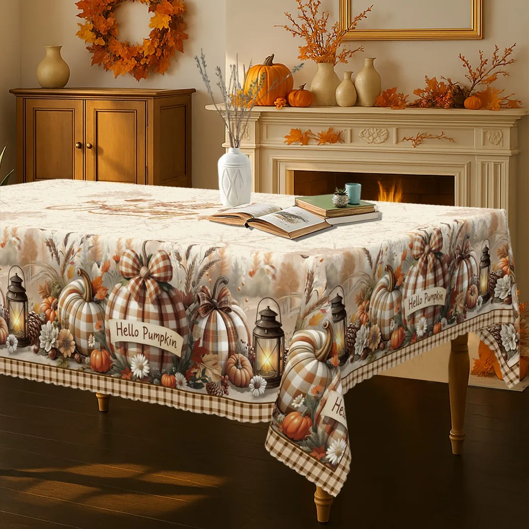 1PC Tablecloth, Retro Autumn Tablecloth, Checkered Bowknot Pumpkin Seasonal Decorative Designzyc
