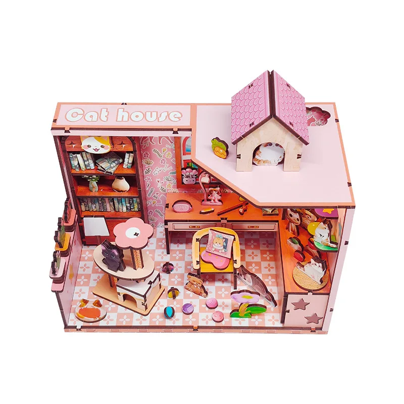 Diy kits de construção em miniatura de madeira casa de gato casas de boneca com móveis casas de bonecas para amigos presentes de aniversário