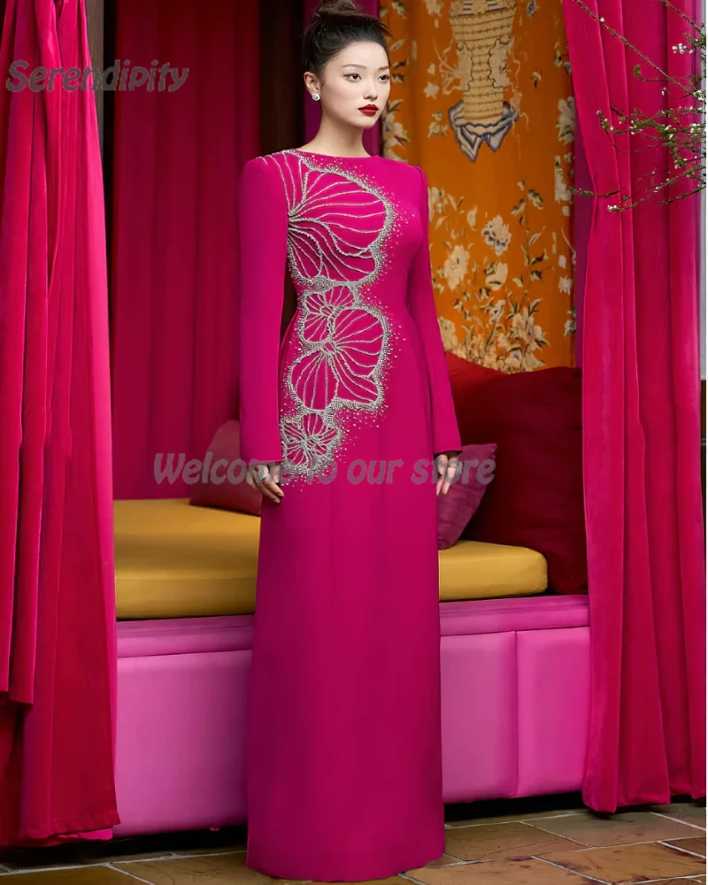 Serendipity Straight فساتين السهرة Long Evening Dress 2024 New Hot O-Neck Elegant Crystal Full Sleeve Party Gown For Sexy Women