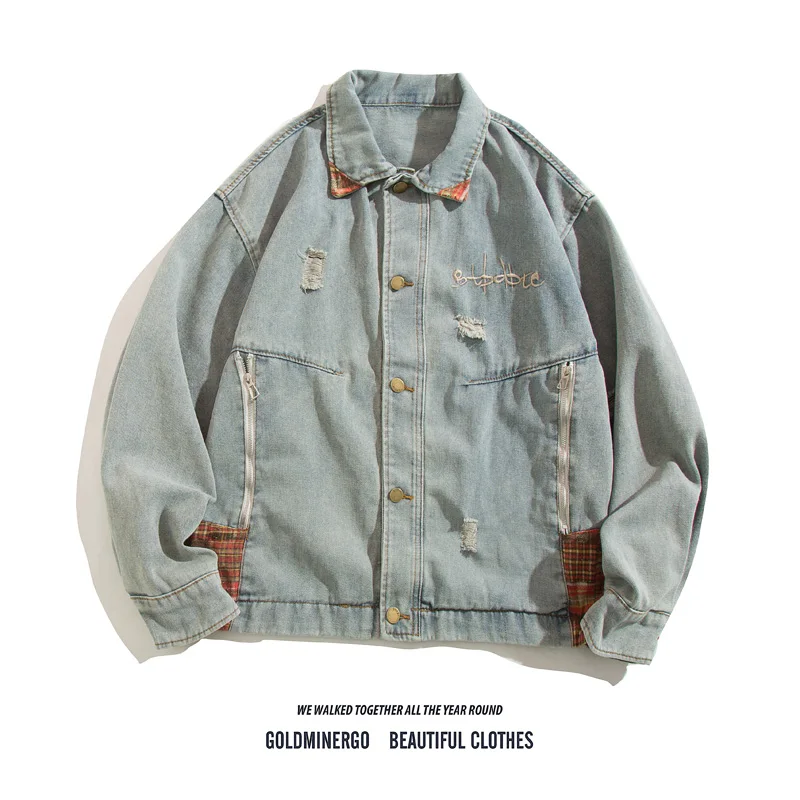 

Waed out American Sle Men's Jaet with Color Blo Design Loose Fit Youth Faion Long Sve Zipper ket Workwear Jaet