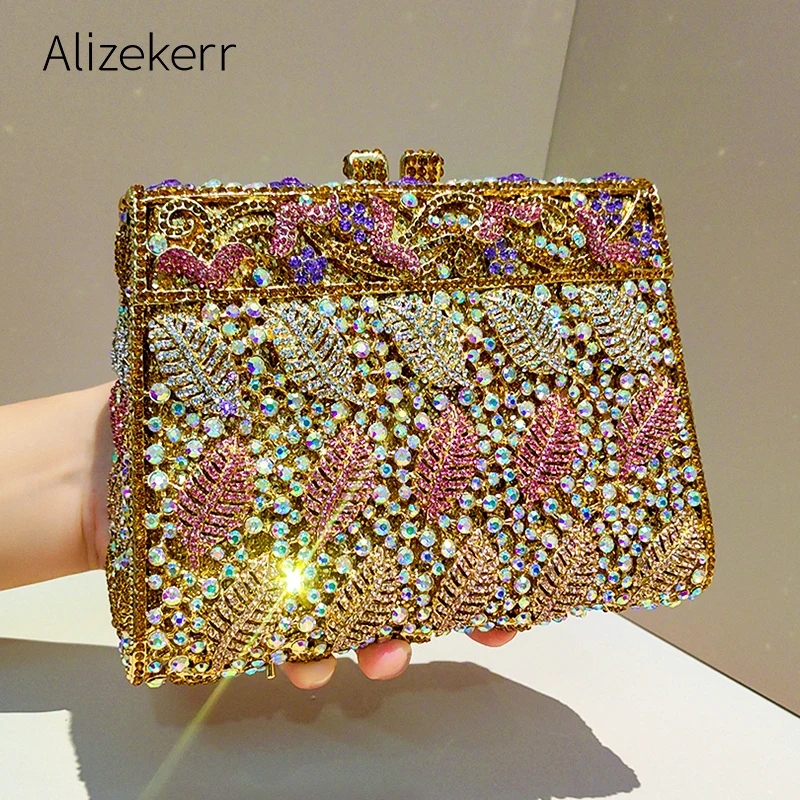 

Alizekerr Вечерние сумки с листьями и бриллиантами, женские великолепные элегантные кошельки и сумки в форме лестницы со стразами и металлическими сумками для свадебной вечеринки