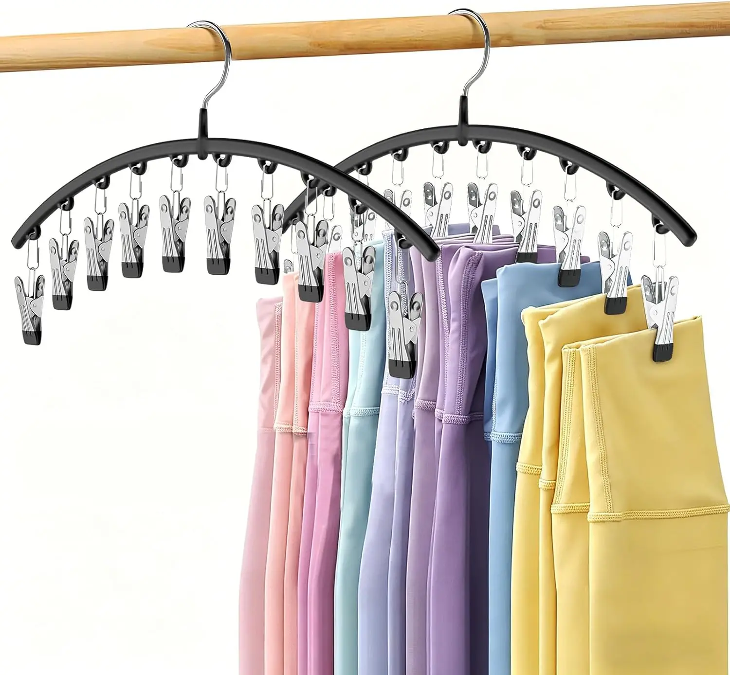 Paquete de 2 perchas para pantalones de yoga con 10 clips cada una, capacidad para 20 leggings, organizador de armario que ahorra espacio, negro