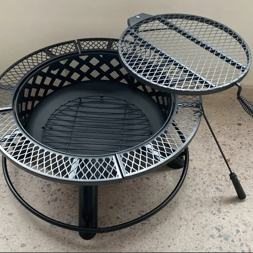 Outdoor Round Fire Pit Grill, Wood Burning Campfire Ring for Patio Heating, Charcoal BBQ Brazier for Garden Backyard