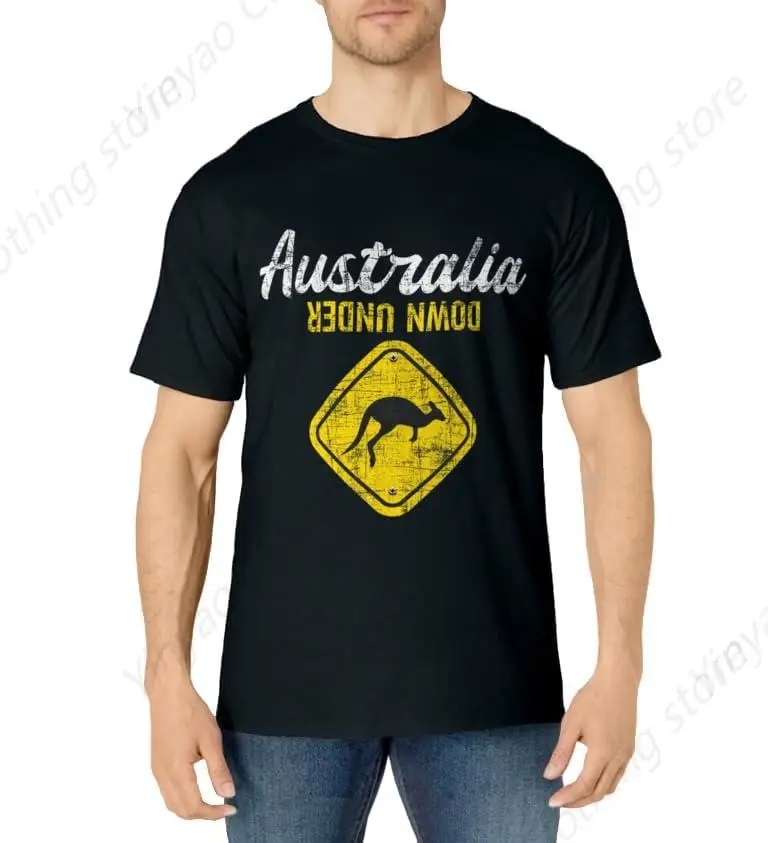 Australian Kangaroo Printed Shirt Zoo Animal Enthusiast T-shirt Black Cotton Breathable Clothes