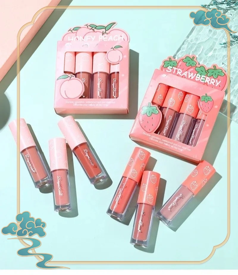 * 4 unids/set Mini juego de esmalte de labios mate, esmalte de labios de fruta antiadherente que no se decolora, barras de labios líquidas de larga duración, cosméticos de maquillaje impermeables