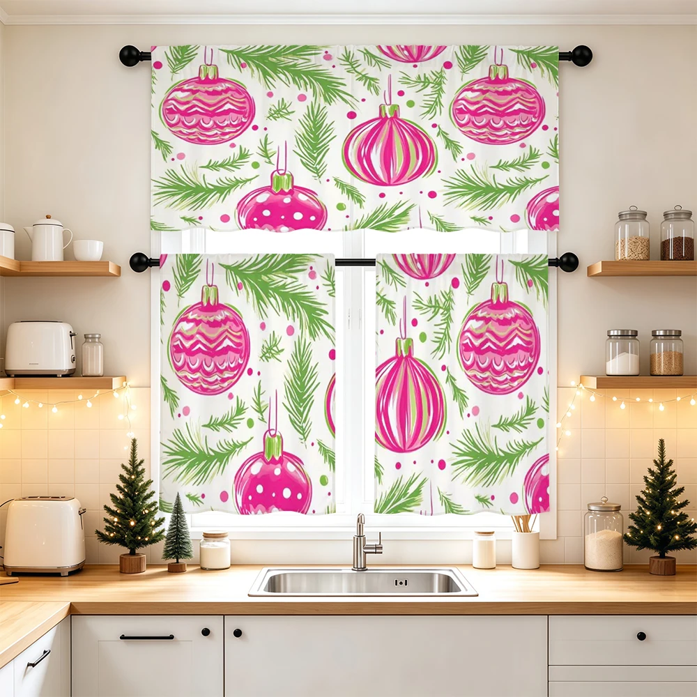 Christmas Kitchen Curtains, Pink Bauble Green Pine Branch, Digital Print, Kitchen Dining Room, Rod Pocket Polyester, Home Decor