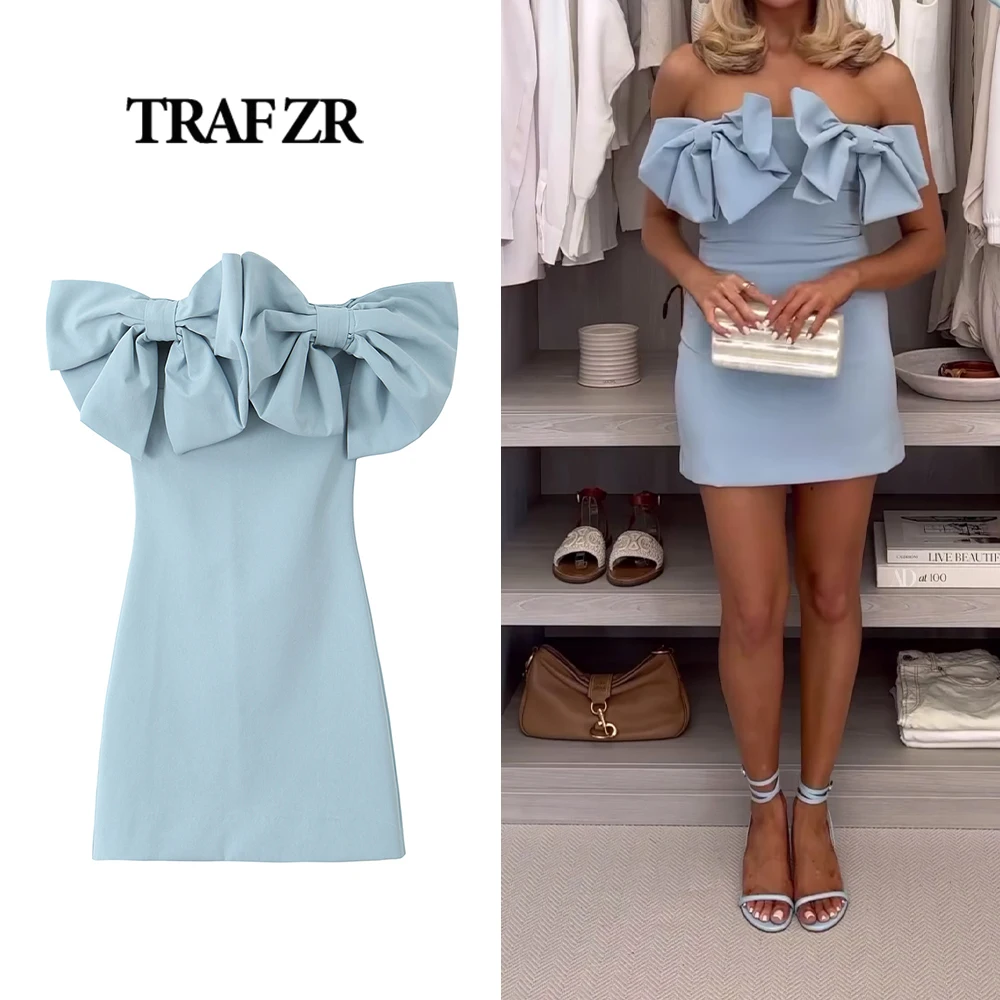 TRAF ZR High Street Tube Gown Front Bows Elegant Fashion Mini Dress Exposed Shoulder Dresses Chest Wrapping Vestidos De Mujer