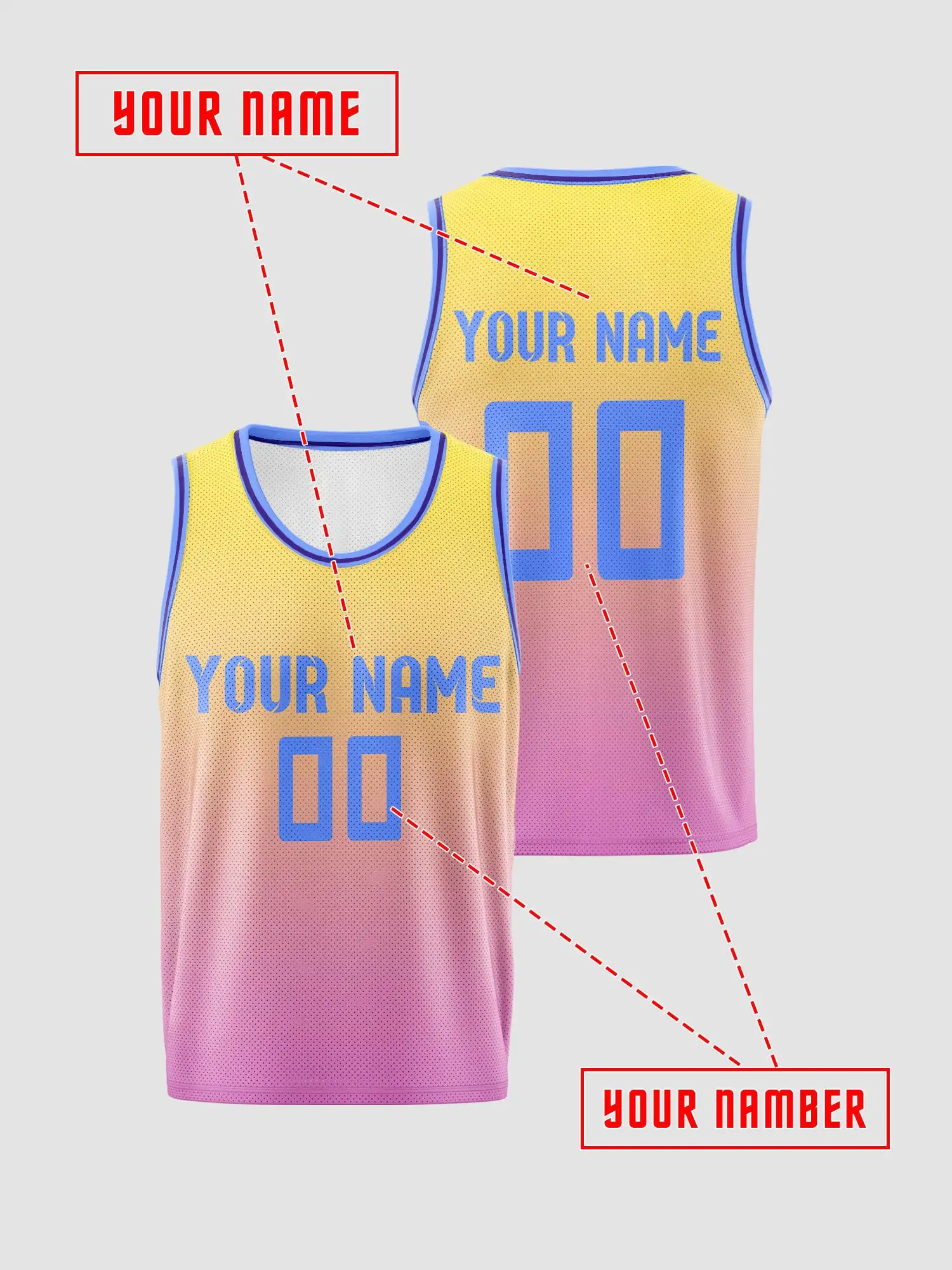 Yellow‑Pink Gradient Blue Trim Custom Basketball Jersey Set, Breathable Quick‑Dry Uniform for Kids Adults, Print Name Number view 2