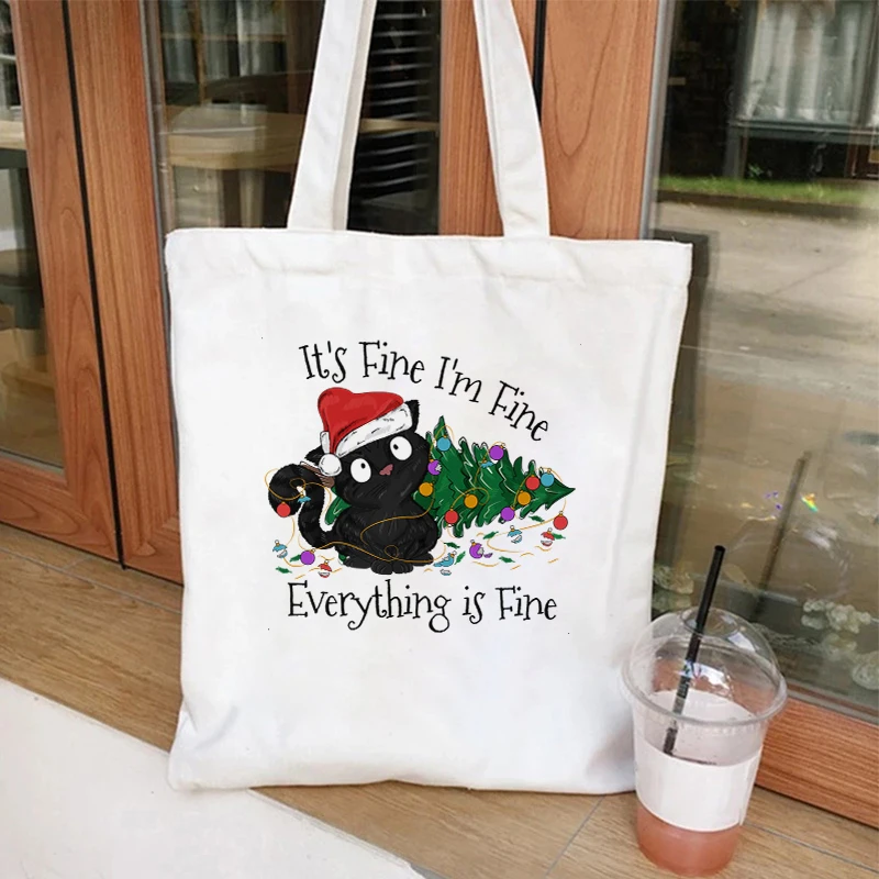 القط وشجرة عيد الميلاد الرسم حقائب النساء خمر حقيبة سوبر ماركت موضة عيد الميلاد حفلة قماش حقيبة كتف حقيبة جانبية للسيدات