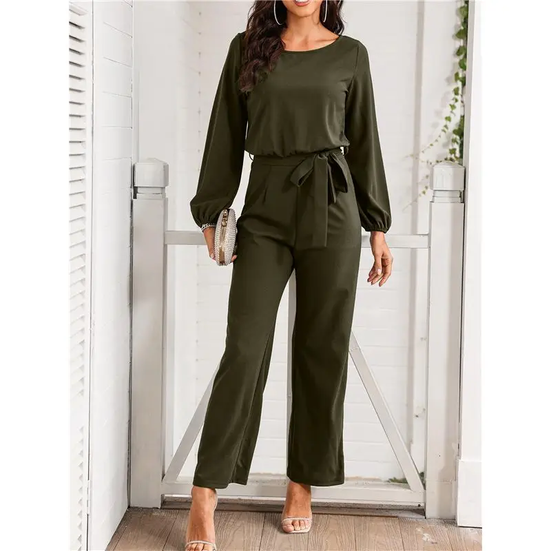 จั๊มสูทผู้หญิง CYL แขนยาว มีเข็มขัด กางเกงขายาวทรงกว้าง ชุดรอมเปอร์ ชุดไปงานแต่งงาน สีเขียวทหาร ไซส์ S